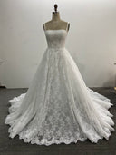 Lace A-Line Wedding Dress Square Neck Sleeveless Corset Back Chapel Train