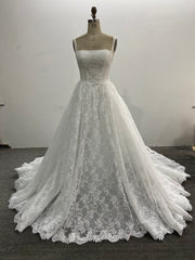 Lace A-Line Wedding Dress Square Neck Sleeveless Corset Back Chapel Train