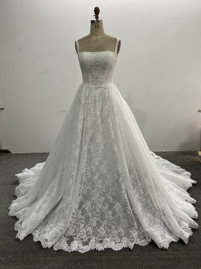 Lace A-Line Wedding Dress Square Neck Sleeveless Corset Back Chapel Train