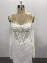 Lace Wedding Dress Column Pearls Long Sleeves Detachable Overskirt