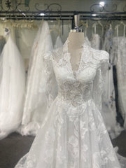 3D Floral Lace Wedding Dress Long Sleeve A-Line Sheer Back Chapel Train
