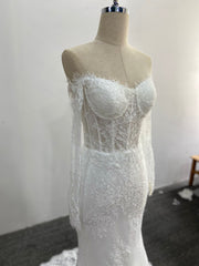 Mermaid Lace Wedding Dress Two Piece Off Shoulder Detachable Tulle Overskirt