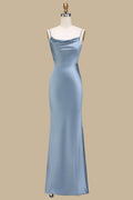 Dusty Blue Cowl Neck Back Straps Sleeveless Bridesmaid Dress