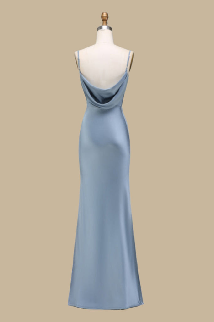 Dusty Blue Cowl Neck Back Straps Sleeveless Bridesmaid Dress