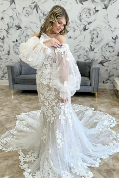 Off-the-Shoulder Trumpet Wedding Dress with Balloon Sleeves