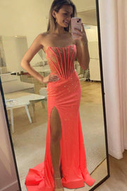 Sky Blue Strapless Mermaid Satin Beaded Long Formal Prom Dresses With Slit