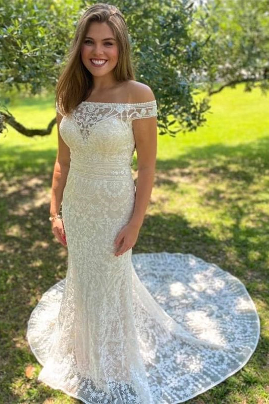White Lace Off Shoulder Mermaid Long Court Wedding Dress
