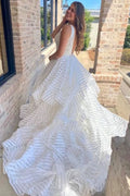White V-Neck Sleeveless Backless A-Line Striped Wedding Dress