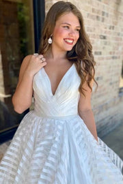 White V-Neck Backless A-Line Striped Wedding Dress