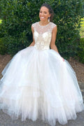 White Tulle Beading Sheer Neck Cap Sleeve Layered Wedding Dress