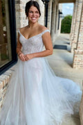 Off Shoulder White Tulle Beaded V Neck Mermaid Wedding Dress with Train