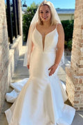 White Satin Plunge V Backless Trumpet Court Wedding Dress