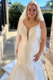 White Satin Plunge V Backless Trumpet Wedding Dress