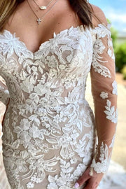 White Lace Off-the-Shoulder Long Sleeve Mermaid Wedding Dress
