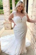 White Lace Plunging Sheer Back Mermaid Long Wedding Dress
