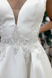 White Satin V-Neck Backless A-Line Long Wedding Dress