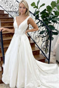 White Satin Plunging Open Back A-Line Long Court Wedding Dress