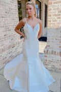 White Satin V-Neck Beading Trumpet Long Sweep Wedding Dress