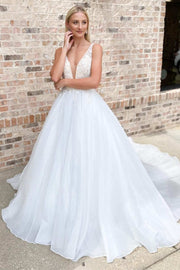 White Lace Plunge V Backless A-Line Long Wedding Dress