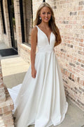 White Plunging V Cross-Back A-Line Long Wedding Gown, Buttons
