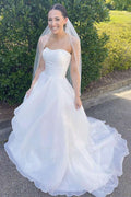 White Strapless Multi-Tiered A-Line Long Sweep Wedding Dress