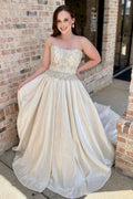 Beaded Strapless Sweetheart A-Line Pleats Long Court Wedding Dress