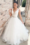 White Satin Tulle Plunging V A-Line Long Wedding Dress with Beaded Belt