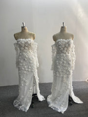Off Shoulder Mermaid Wedding Dress 3D Floral Applique Beaded Slit