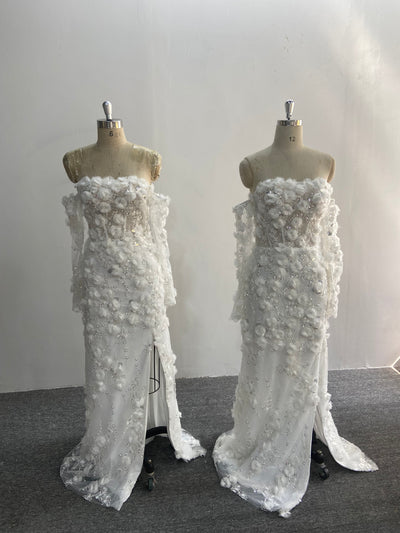 Off Shoulder Mermaid Wedding Dress 3D Floral Applique Beaded Slit