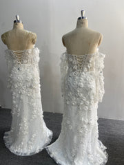 Off Shoulder Mermaid Wedding Dress 3D Floral Applique Beaded Slit