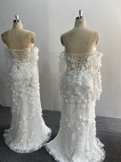 Off Shoulder Mermaid Wedding Dress 3D Floral Applique Beaded Slit