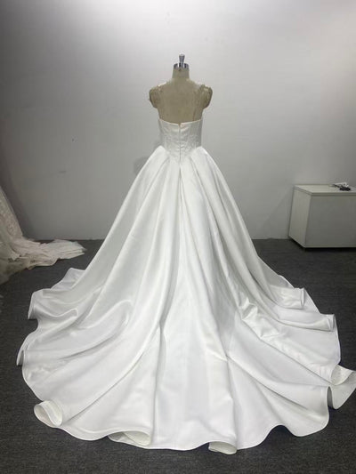 Strapless Satin Wedding Dress Ball Gown Lace Appliqued Bodice Pleated Chapel