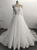 Off Shoulder A Line Wedding Dress Pleated Long Sleeve Lace Tulle Corset Back