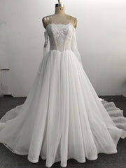Off Shoulder A Line Wedding Dress Pleated Long Sleeve Lace Tulle Corset Back