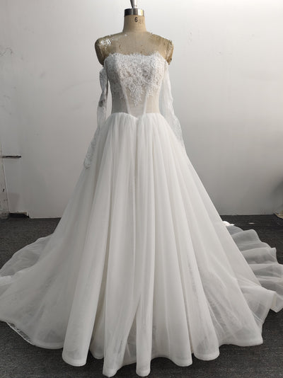 Off Shoulder A Line Wedding Dress Pleated Long Sleeve Lace Tulle Corset Back
