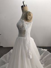 Off Shoulder A Line Wedding Dress Pleated Long Sleeve Lace Tulle Corset Back