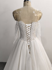 Off Shoulder A Line Wedding Dress Pleated Long Sleeve Lace Tulle Corset Back