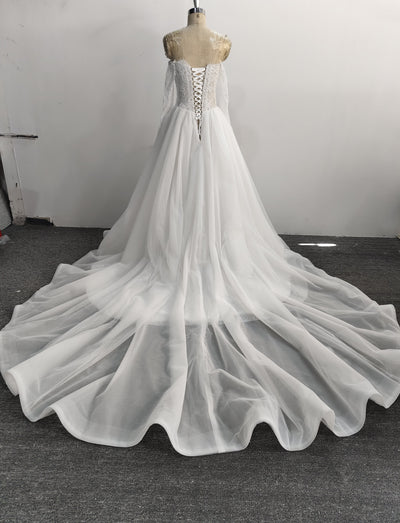 Off Shoulder A Line Wedding Dress Pleated Long Sleeve Lace Tulle Corset Back