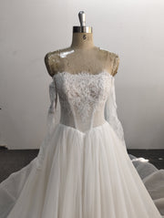 Off Shoulder A Line Wedding Dress Pleated Long Sleeve Lace Tulle Corset Back