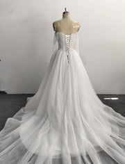 Off Shoulder A Line Wedding Dress Pleated Long Sleeve Lace Tulle Corset Back