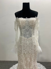 Lace Mermaid Wedding Dress Ivory Off Shoulder Trumpet Long Sleeve Corset Back