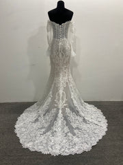 Lace Mermaid Wedding Dress Ivory Off Shoulder Trumpet Long Sleeve Corset Back