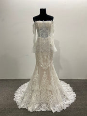 Lace Mermaid Wedding Dress Ivory Off Shoulder Trumpet Long Sleeve Corset Back
