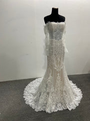 Lace Mermaid Wedding Dress Ivory Off Shoulder Trumpet Long Sleeve Corset Back