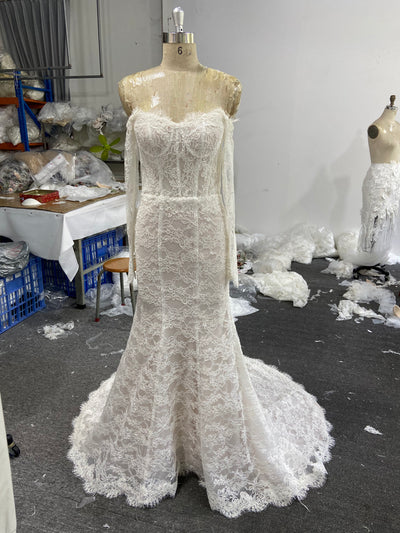 White Lace Mermaid Wedding Dress Off Shoulder Long Sleeve Corset Back
