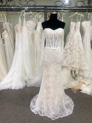 Mermaid Bridal Gown Off Shoulder Sweetheart Sheer Corset Ivory Lace Detachable Cape