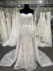 Mermaid Bridal Gown Off Shoulder Sweetheart Sheer Corset Ivory Lace Detachable Cape