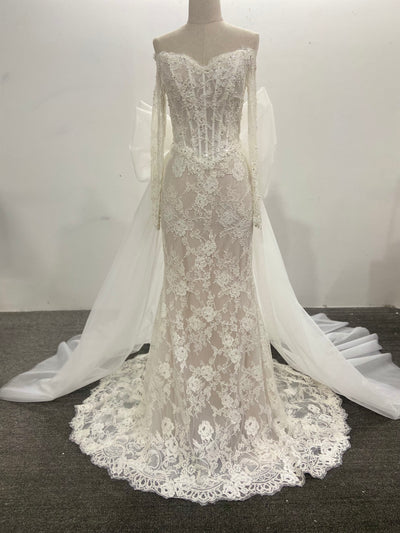 Lace Wedding Dress Off Shoulder Long Sleeve Beaded Corset With Removable Tulle Bow
