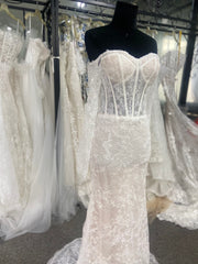 Mermaid Bridal Gown Off Shoulder Sweetheart Sheer Corset Ivory Lace Detachable Cape