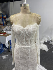 White Lace Mermaid Wedding Dress Off Shoulder Long Sleeve Corset Back
